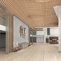 School Interior With Wooden Curved Ceiling Mural Bookshelves And Plants