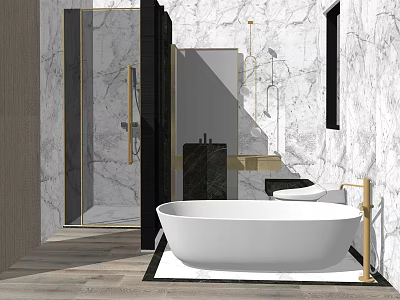Modern Bathroom Interior With Freestanding White Bathtub Marble Walls And Gold Fixtures 3d model