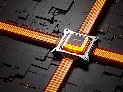 Smart Machine Core Components Featuring CPU Chip On Circuit Board With Glowing Lines 3d model