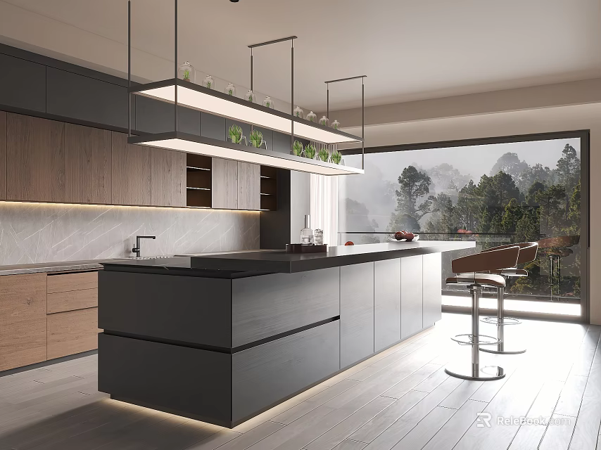 Modern Kitchen Interior With Black Island Counter Wooden Cabinets And Hanging Lights Overlooking Mountain View 3d model 
