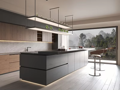 Modern Kitchen Interior With Black Island Counter Wooden Cabinets And Hanging Lights Overlooking Mountain View 3d model