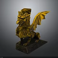 Golden Dragon Mythical Creature Statue With Spread Wings On Dark Stone Base Decorative Sculpture