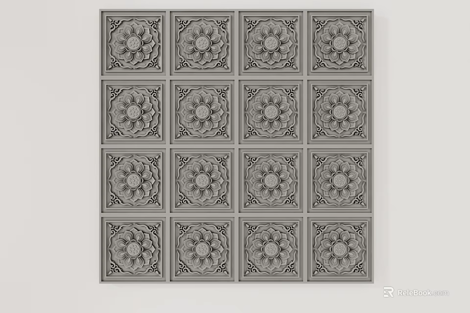 Intricate Floral Carved Square Decorative Panels Arranged in Grid Pattern for Interior Design 3d model 