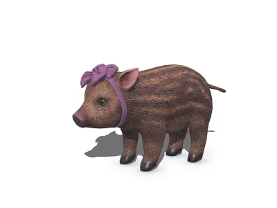 Cute Brown Striped Baby Wild Boar Wearing Purple Bow Accessory 3d model