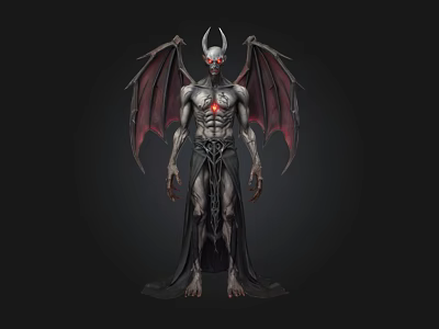 Horned Demon Character With Red Eyes Large Bat Wings And Exposed Chest 3d model
