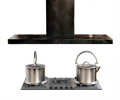 Modern Kitchen Gas Stove With Stainless Steel Pots And Range Hood 3d model