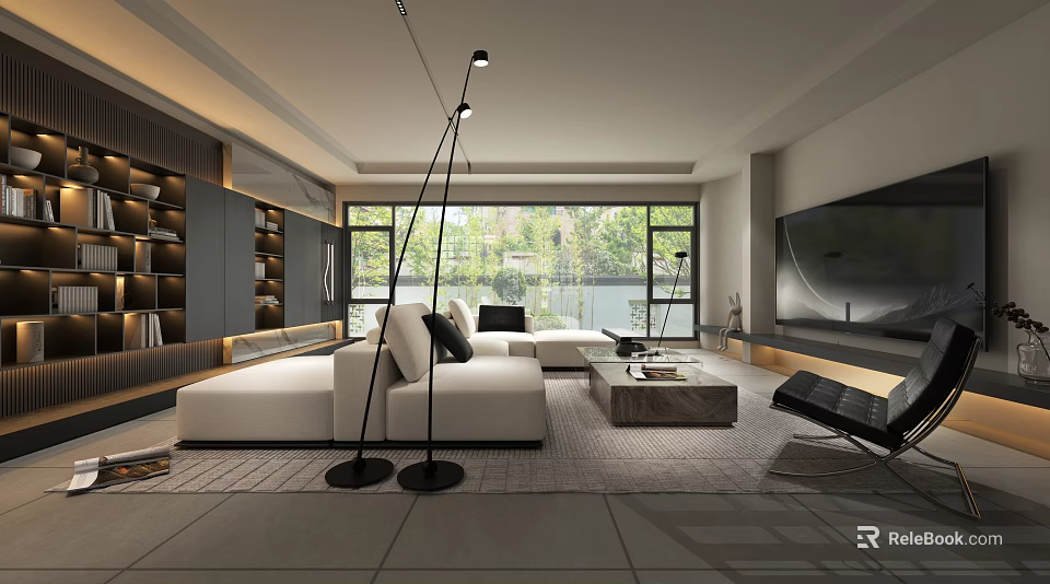 Modern Spacious Living Room Interior With White Sofa Large Windows And Floor Lamp 3d model 