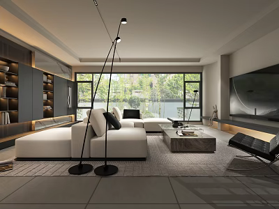 Modern Spacious Living Room Interior With White Sofa Large Windows And Floor Lamp 3d model