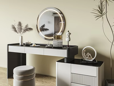 Modern Dressing Table With Round LED Mirror Padded Stool And Decorative Ornaments 3d model