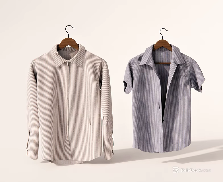 Casual Beige Striped Long Sleeve and Light Blue Short Sleeve Shirts Hanging on Hangers 3d model 