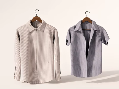 Casual Beige Striped Long Sleeve and Light Blue Short Sleeve Shirts Hanging on Hangers 3d model