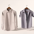 Casual Beige Striped Long Sleeve and Light Blue Short Sleeve Shirts Hanging on Hangers