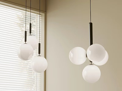 Multiple White Spherical Chandeliers with Black Rods in Interior Near Window 3d model