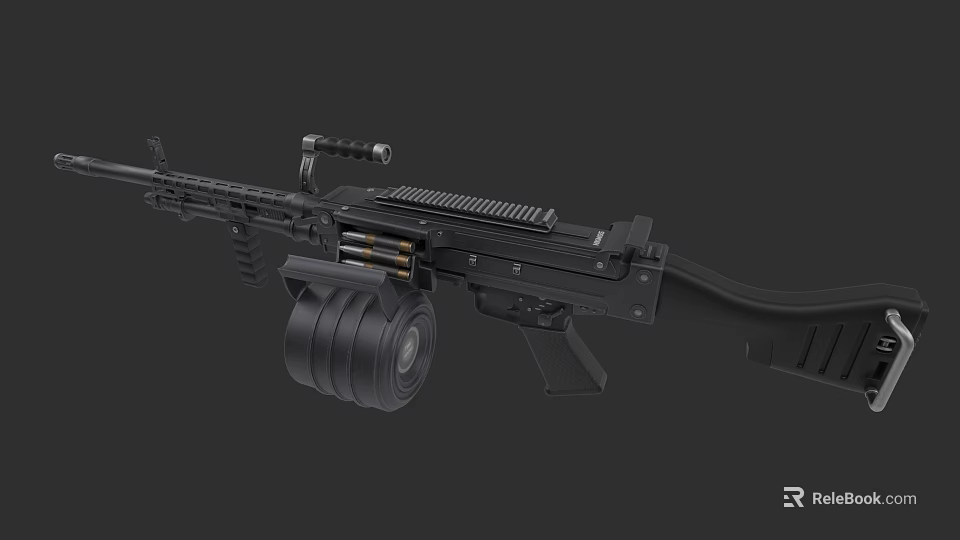 Black Military Style Machine Gun Featuring Drum Magazine And Ammunition Belt 3d model 