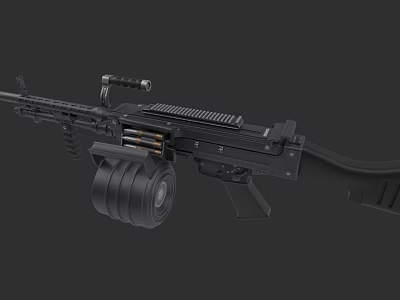 Black Military Style Machine Gun Featuring Drum Magazine And Ammunition Belt 3d model