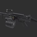 Black Military Style Machine Gun Featuring Drum Magazine And Ammunition Belt