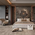 Modern Bedroom Interior Design With Large Bed Rug Wall Art And Accent Chair