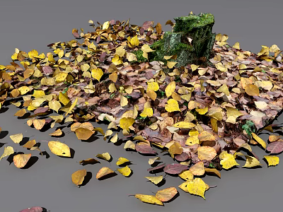 Charming Garden Decor With Mossy Tree Stump And Colorful Fallen Leaves 3d model