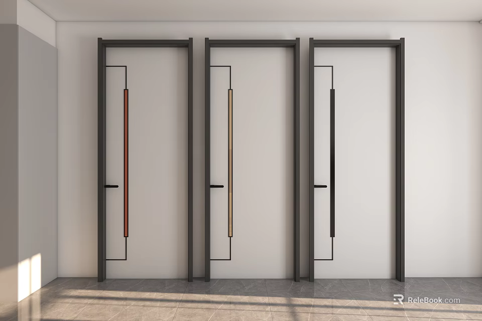 Modern Interior White Flush Doors With Dark Frames And Colorful Strips 3d model 