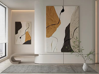 Modern Abstract Paintings With Brown Black White Tones In Minimalist Interior Decor 3d model