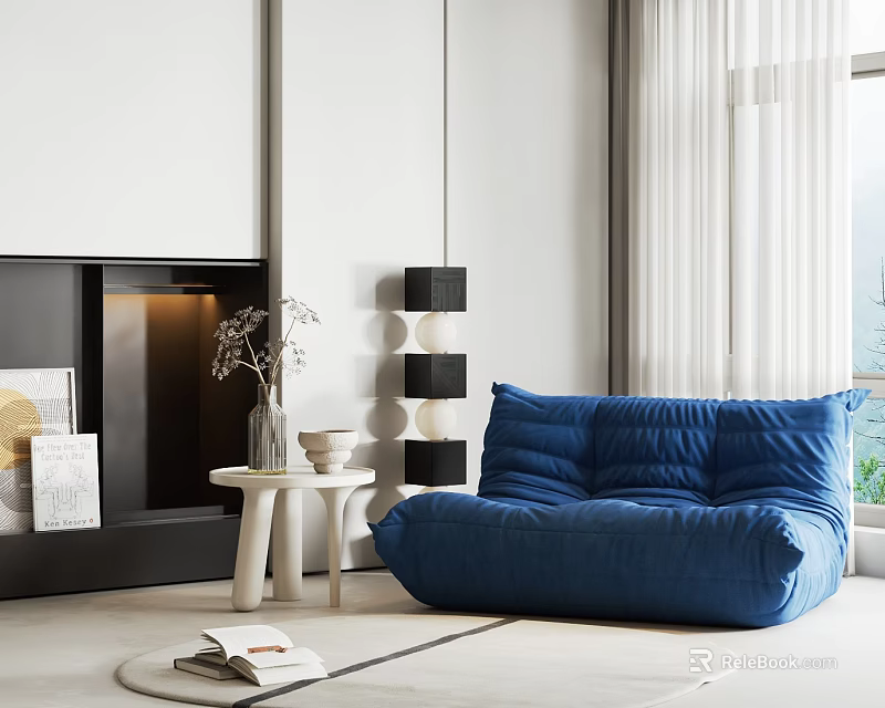 Blue Bean Bag Chair in Modern Living Room with Window Natural Light and Small Table 3d model 