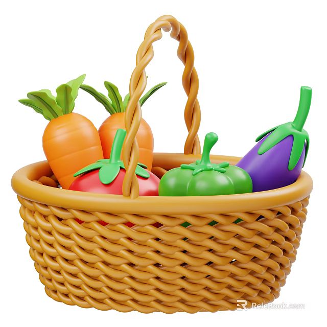 Fresh Assorted Vegetables in Woven Basket Including Carrots Tomatoes Green Bell Pepper and Eggplant 3d model 