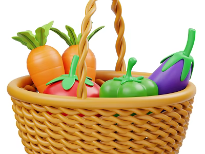 Fresh Assorted Vegetables in Woven Basket Including Carrots Tomatoes Green Bell Pepper and Eggplant 3d model