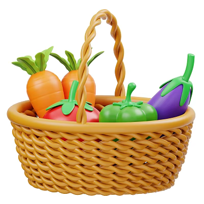 Fresh Assorted Vegetables in Woven Basket Including Carrots Tomatoes Green Bell Pepper and Eggplant 3d model