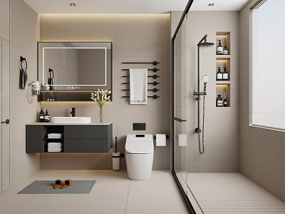 Modern Bathroom Interior Design With Vanity Mirror Sink Toilet Shower Area And Tiles 3d model