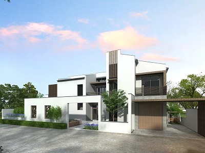 Modern Detached Villa Exterior With Two Story White Building Green Trees Driveway And Pink Clouds 3d model