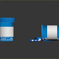 Blue Medicine Bottles With Open Cap And Scattered White Blue Tablets On Dark Surface
