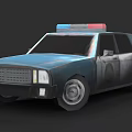 Vintage Blue Police Sedan With Red And Blue Emergency Lights On Top