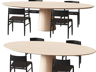 Light Wood Oval Dining Table Set With Black Chairs For Modern Dining Space 3d model