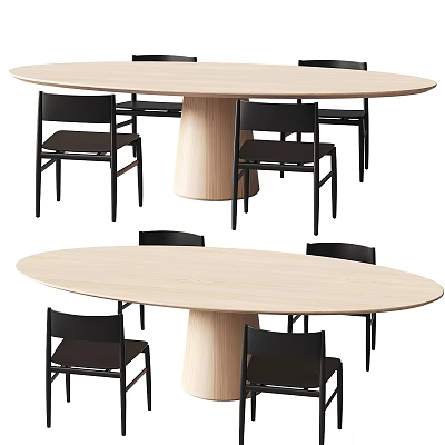 Light Wood Oval Dining Table Set With Black Chairs For Modern Dining Space 3d model