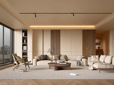 Warm Modern Living Room Interior With Beige Sofa Accent Chair Round Coffee Table And Geometric Rug 3d model
