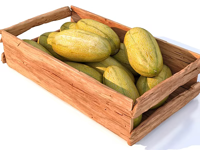 Fresh Yellow Melons in a Rustic Wooden Crate Ready for Market 3d model