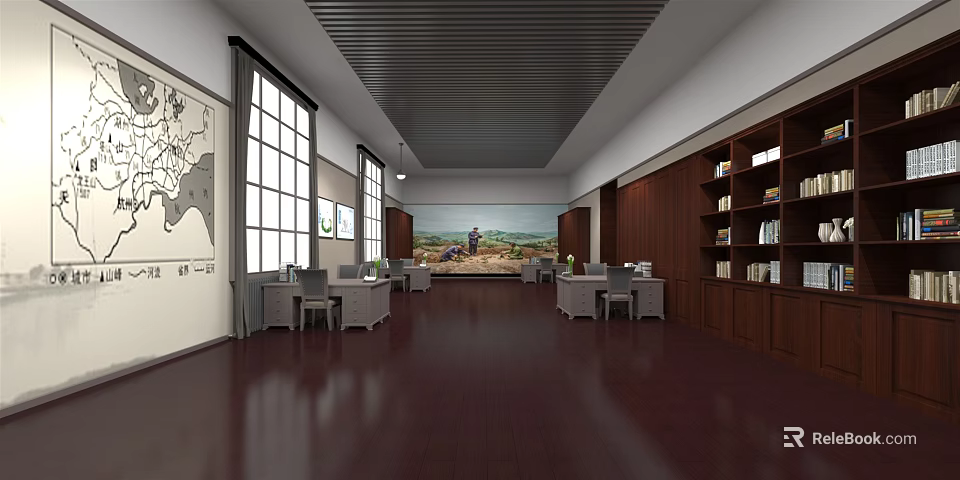 Spacious Public Office Space With Large Windows Desks Chairs Bookshelves And Wooden Flooring 3d model 