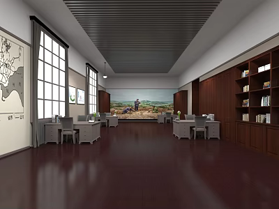 Spacious Public Office Space With Large Windows Desks Chairs Bookshelves And Wooden Flooring 3d model