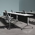 Modern Office Desks With White Tops Metal Frames And Matching Chairs In Workspace