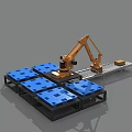 Industrial Equipment Robotic Arm With Conveyor Belt Handling Packages On Blue Pallets