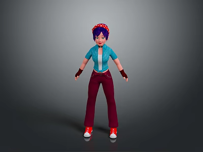 Game And Movie Character With Purple Hair Red Headband Blue Shirt And Red Shoes 3d model