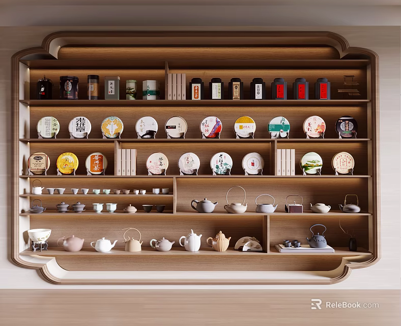 Wooden Wall Mounted Shelf With Diverse Tea Sets And Containers 3d model 