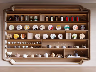 Wooden Wall Mounted Shelf With Diverse Tea Sets And Containers 3d model