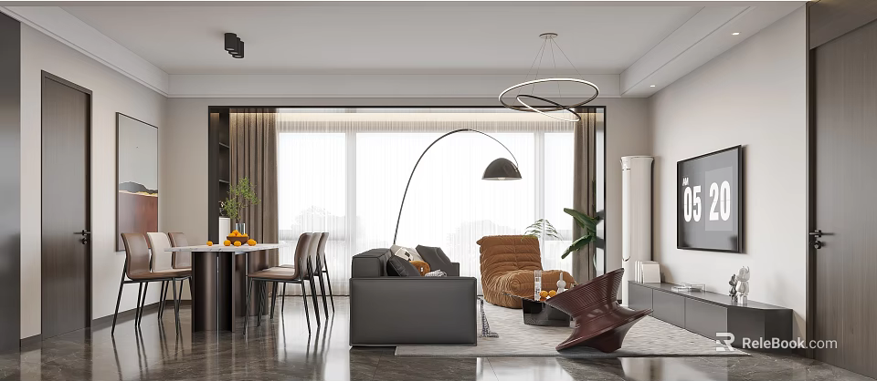 Modern Living Dining Room With Sofa Dining Table Floor Lamp And Large Windows 3d model