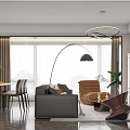 Modern Living Dining Room With Sofa Dining Table Floor Lamp And Large Windows 3d model