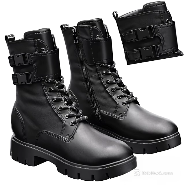 Black Leather Boots With Lace Up Buckle Straps Zipper And Chunky Sole 3d model 