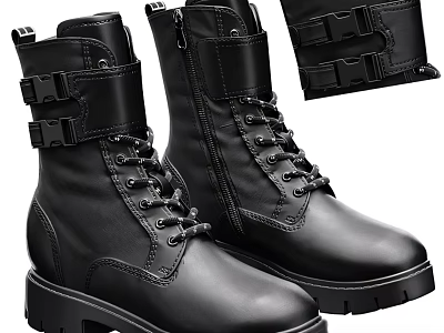 Black Leather Boots With Lace Up Buckle Straps Zipper And Chunky Sole 3d model