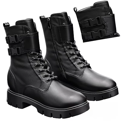 Black Leather Boots With Lace Up Buckle Straps Zipper And Chunky Sole 3d model