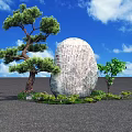 Large Stone Monument With Inscription Surrounded By Pine Tree And Small Stones