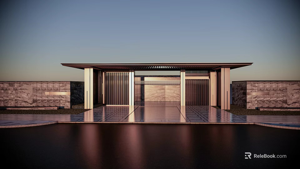 Modern Luxury Entrance Gate With Metal Grilles Stone Walls And Water Reflection 3d model 